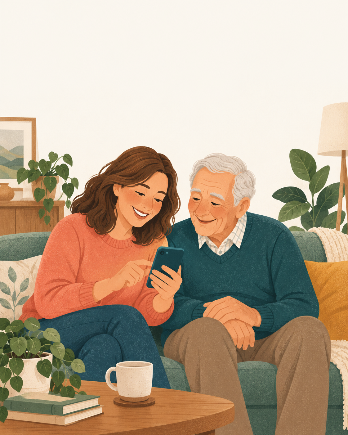 A daughter and her father smiling as they look at a phone together